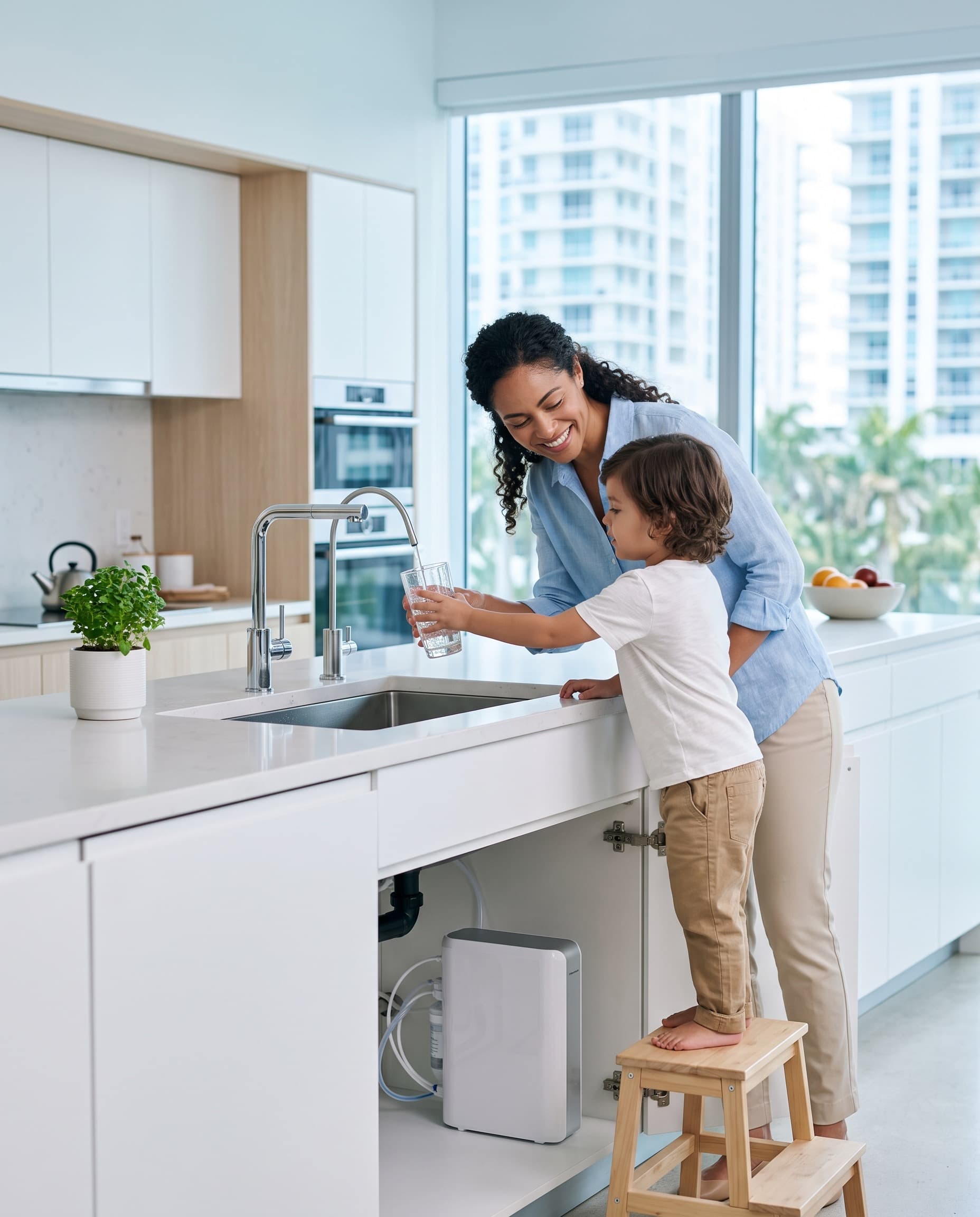 A family filling a glass in the kitchen